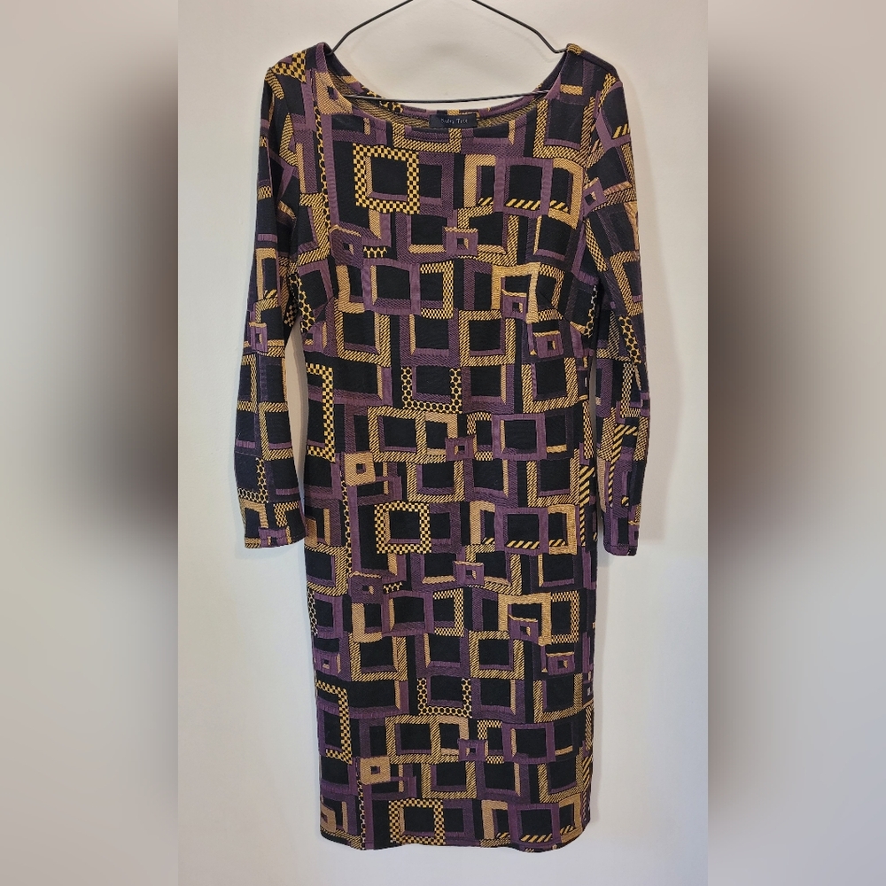 Nadya Toto Geometric Long Sleeve Dress - Black Saffron Purple - S